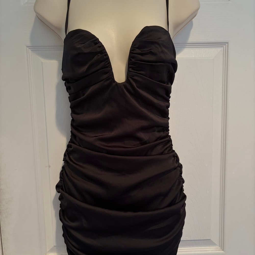 Oh Polly Black Ruched Bodycon Mini Dress NWT UK 8 US 4 Date Night Club Goth